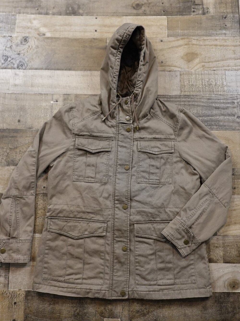 Lucky Brand Utility Field Jacket Women’s Large Khaki Hooded Military Coat